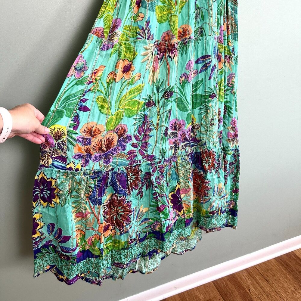 ME 2 Magic Boho Maxi Dress XL Green Floral Tiered Short Sleeve Boho Resortwear - Picture 6 of 14
